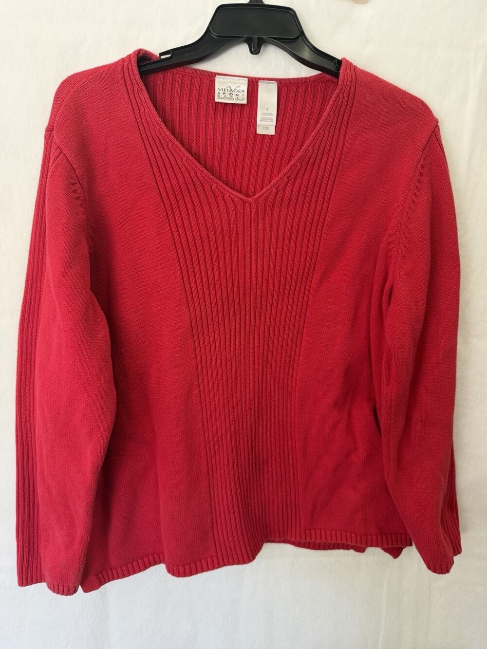 VTG Y2K Liz Claiborne Woman Red 100% Cotton V-Neck Ribbed‎ Sweater Size 3